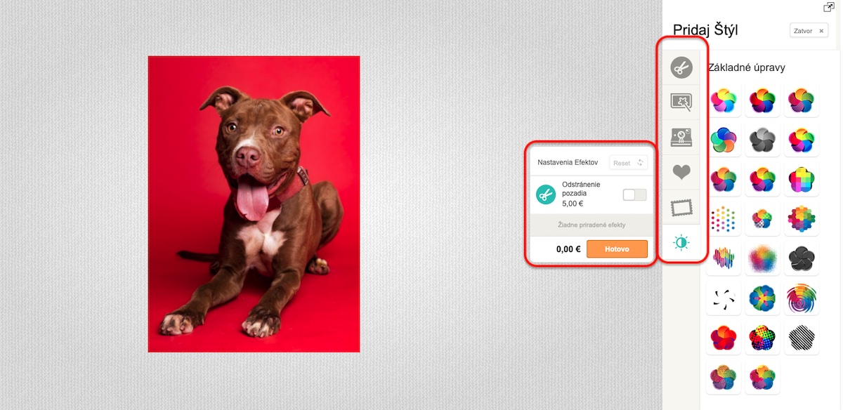 špeciálne efekty a úprava fotky v Online Kreatore